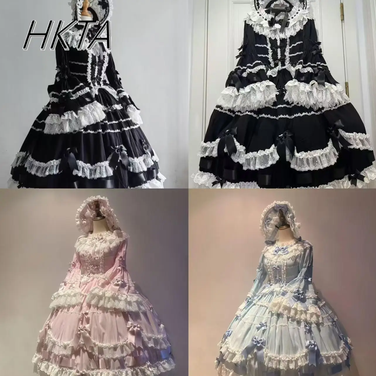 Elegancka Koronkowa Suknia Balowa z Długim Rękawem i Plisami, Sukienka Księżniczki, Damska Letnia Słodka Urocza Wyszczuplająca Sukienka Tortowa z Długim Dołem, Lolita Dziewczyna