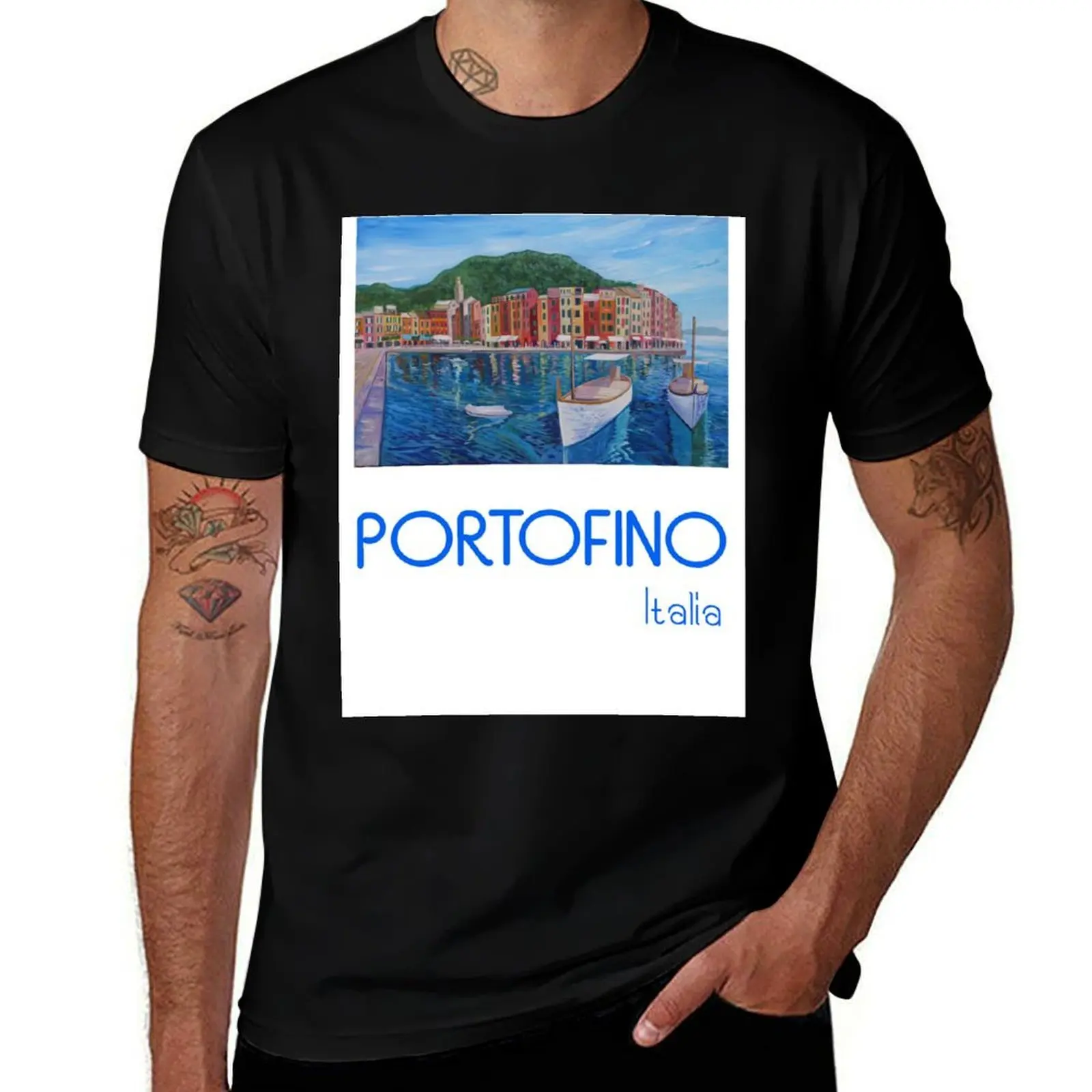 Retro Poster Portofino Mediterranean Pearl Of The Italian Riviera T-Shirt Work Outdoor Short Sleeve Tee