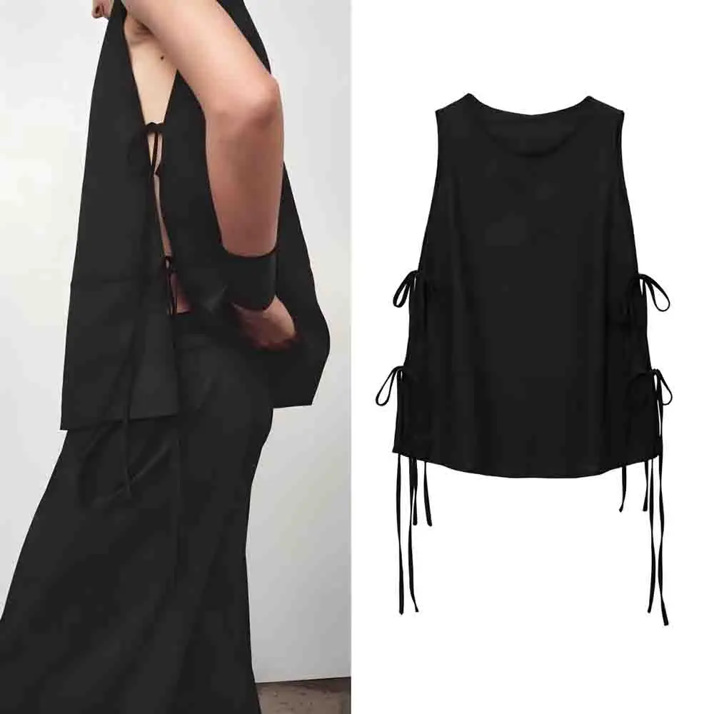 

Women's New Fashion side bow Lace up decoration sleeveless linen blend top retro O-Neck women's shirt chic top
