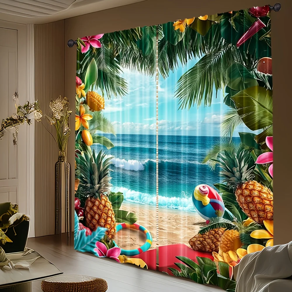 Pineapple coastal pattern printed curtains, with a pole bag design, suitable for use in bedrooms, living rooms and offices