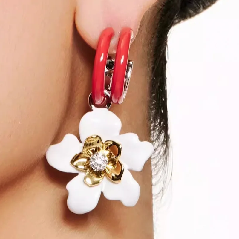 

New Arrival Double-ring Hoops Dangle Earrings, Color Enamel Earrings Flowers Color Block Design Fresh Sense Big Stud Earrings