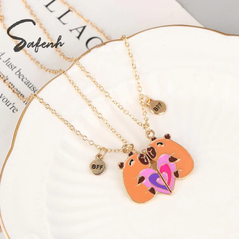2Pcs Cute Cartoon Capybara Heart Puzzle Pendant Magnetic Best Friend Necklace For Besties Friendship Jewelry Gifts