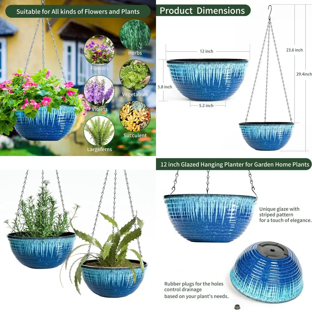 

Подвесные кашпо 12 дюймов для растений, для дома и улицы, 2 шт., большие подвесные горшки с дренажными отверстиями и цепью, глазурованные