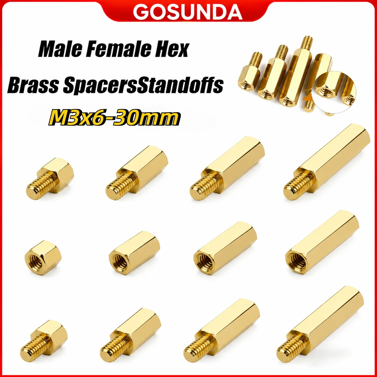 GOSUNDA brass hexagonal gasket double headed nut screw, M3 hexagonal brass internal head PCB column bolt,Brass motherboard screw