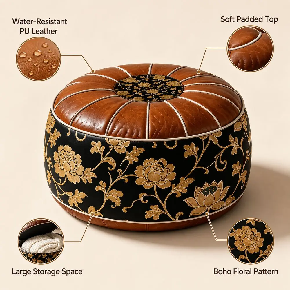 Boho Pattern Ottoman Pouf PU Leather Large Opening Footstool Cover Water Resistant Fillable Design Floor Seat Cushion Home Use