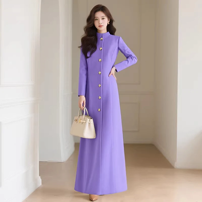 New Women Elegant Violet Woolen Coat Spring Autumn Fashion Stand Collar Single Breaste Slim Wool Blends Coat Delicate style Coat