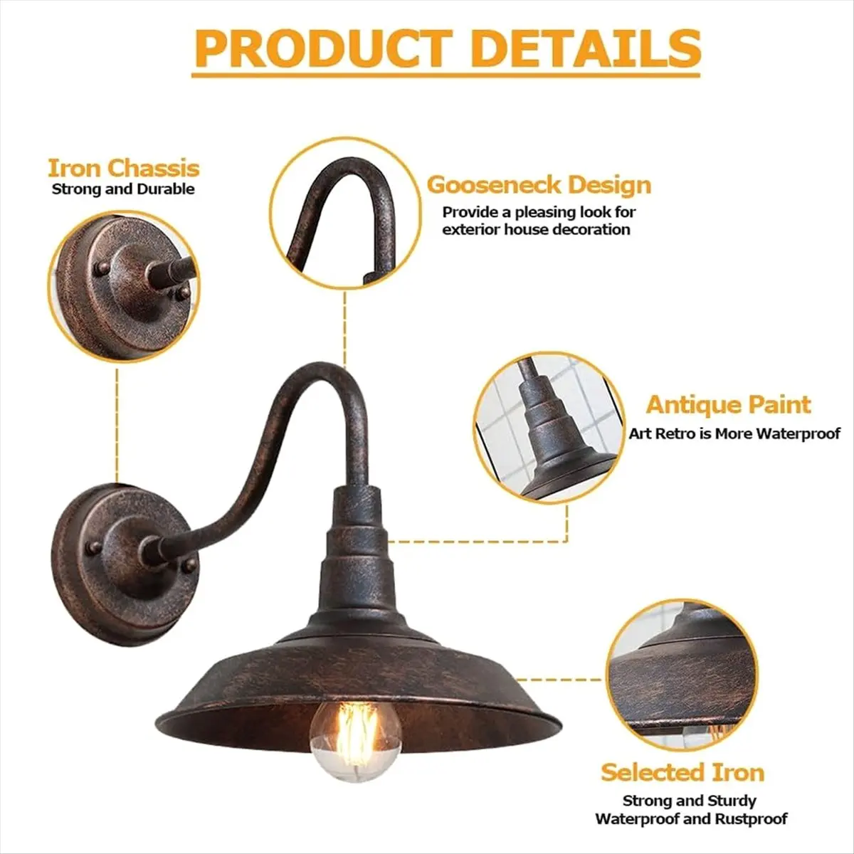 #14U Vintage Outdoor Wall Lamp Courtyard Balcony Retro Wall Light,gooseneck outdoor light fixture,(Iron)