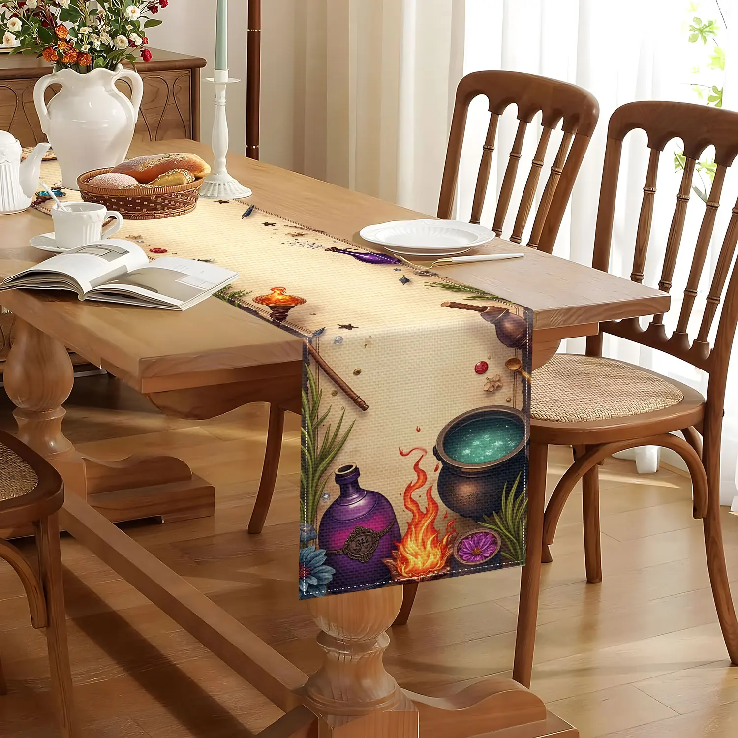 1 Piece of Witch Theme Table Runner, with Spell Book, Potion and Magic Tool Pattern, Suitable for Wizard Theme Parties, Fantasy Conference, Magic Home Decoration