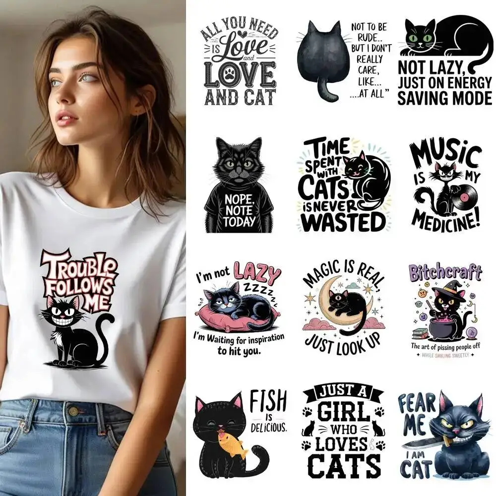 25CM Funny Black Cat Eat Fish Heat Transfer Patches For Clothes DIY A-Level Washable Shirt Iron-on Thermal Stickers