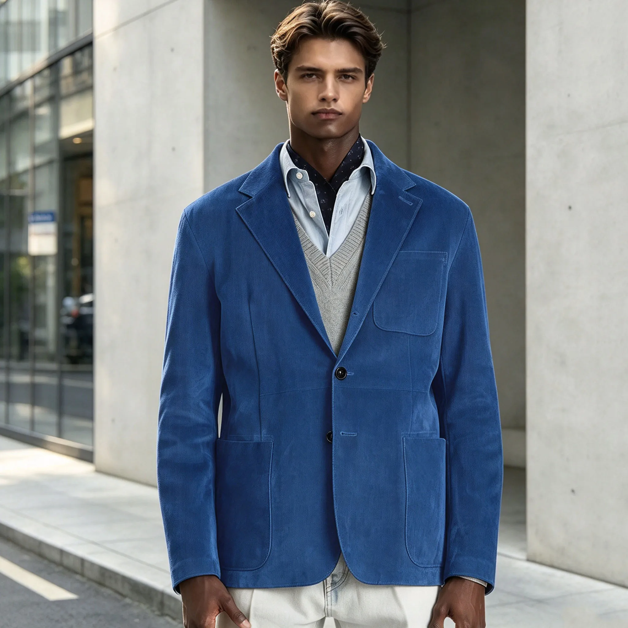 Men's Suede Blazer Solid Color Notched Lapel Single Breasted Slim Fit Multi Pocket Suit Jacket Formal Fashion Sport Coat Busines