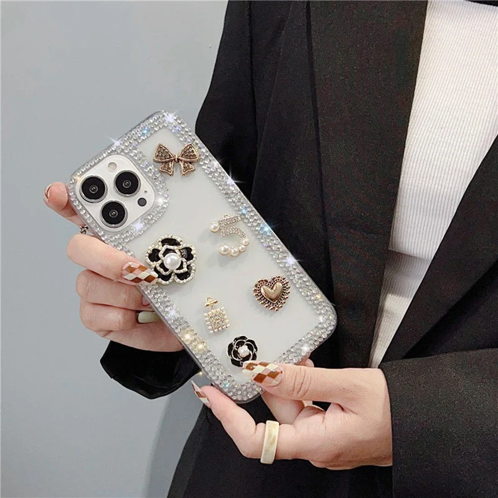 Glitter Splints Frame Camellia Case for iPhone 15 11 12 Pro Max 7 8 Plus 13 14, Luxury Hard Casing, Elegant