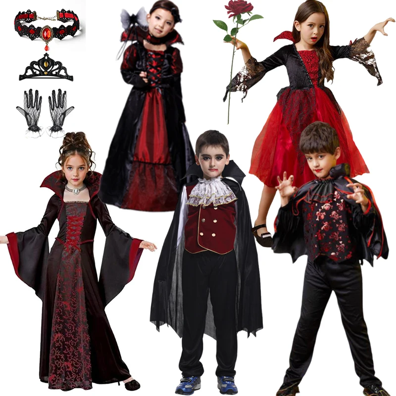 2026 Halloween Girls Boys Cosplay Ghost Bride Vampire Mesh Costume Kids Princess Dress Performance Black Evening Clothes Suits