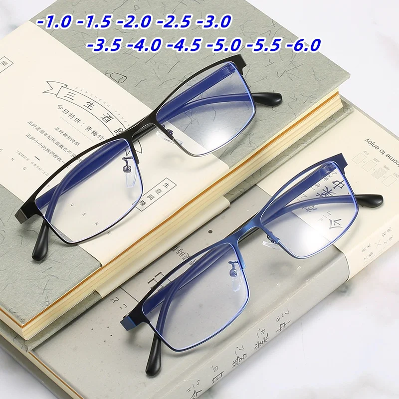 Anti-Blue Light Myopia Glasses Finished Business Men Women Metal Square Prescription Eyeglasses Diopter 0 -0.5 -1.0 -1.5 To -6.0