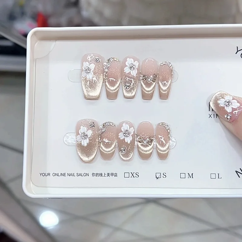Handmade Korean adhesive Press on Nails Set High Quality Flower Reusable Nail Tips Ballet Cat Eye False Nails with Box and Tools