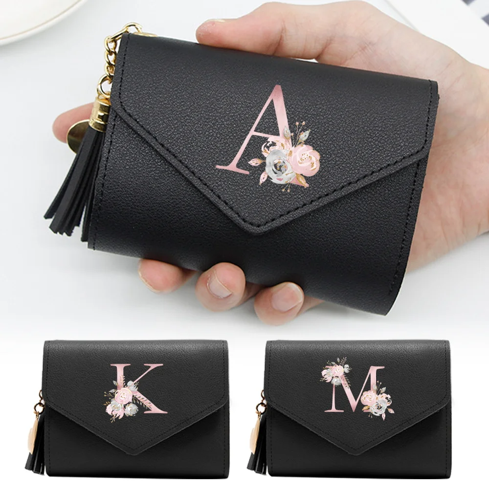 Porte-monnaie femme Mini portefeuille mignon sac à main rose motif de fleur mince portefeuille RFID blocage porte-carte de crédit monnaie poche fenêtre d'identification