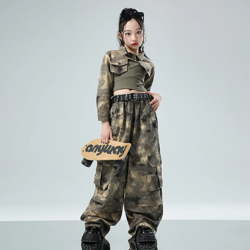 Ragazze Jazz Dance Costume Camouflage ombelico top pantaloni Suit bambini Hip Hop vestiti Performance Costume Stage Wear Kpop BL12536