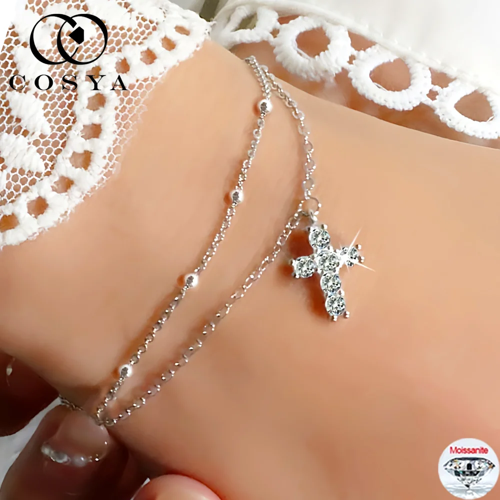 

Браслет COSYA с настоящим муассанитом в форме креста для женщин, из стерлингового серебра S925, многослойный, двойной, для вечеринок, ювелирное украшение