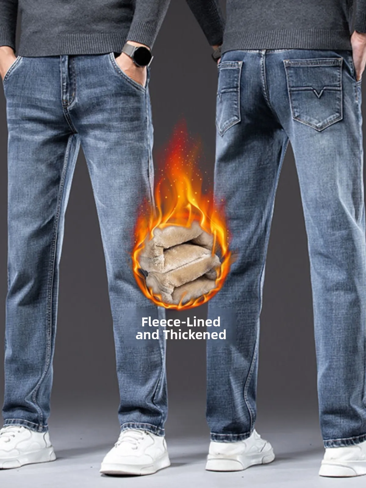 

Мужские джинсы Slim Fit на подкладке Fce, эластичные прямые брюки, свободные повседневные длинные брюки, осень-зима, хлопковые стринги...