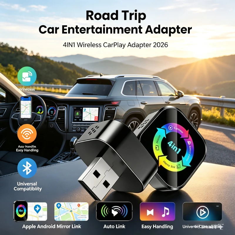4‑in‑1 Wireless CarPlay Adapter, Easy Handling Apple Android Mirror Link Auto Link, 2026 New Car Entertainment Fitting