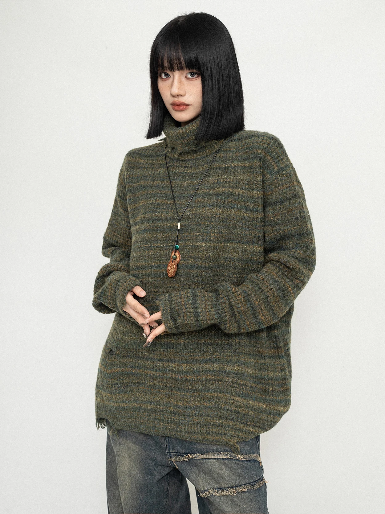 

ZEROSTORE Lazy винтажный свободный вязаный свитер с высоким воротником, базовый слой средней длины, уличный слэ, зима 2023, женский трикотаж