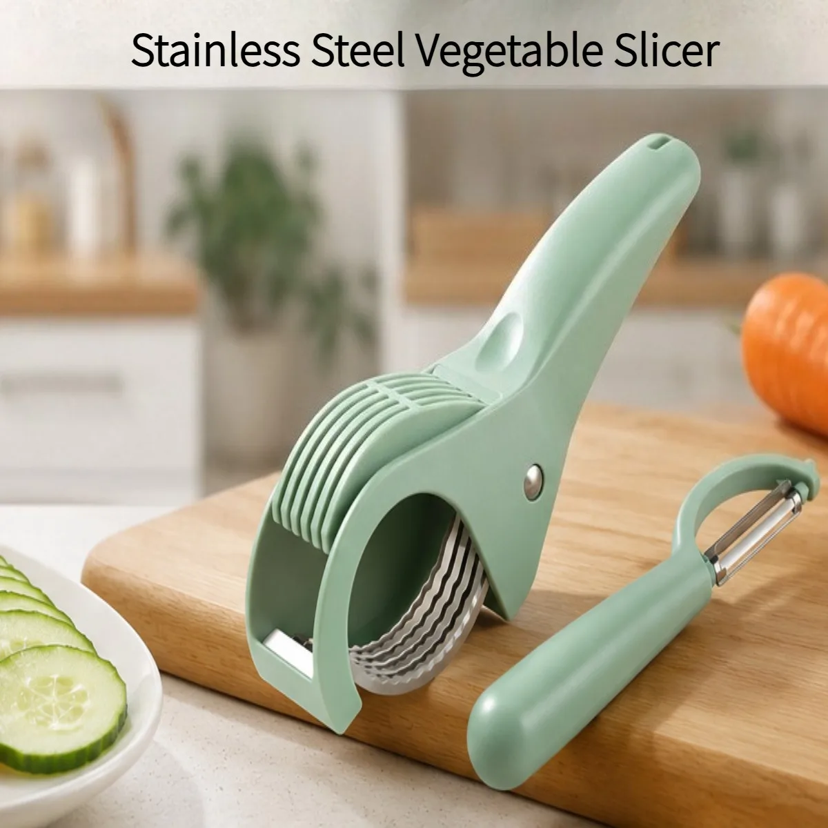 Green Multi Functional Stainless Steel Vegetable Slicer Fruit Cutter Salad Kitchen Tools Accessories for Home Daily Cooking view 5