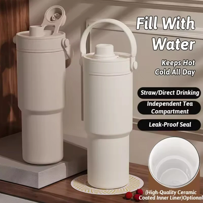 

316 Stainless Steel Thermal Mug Ceramic Tumbler with Handle Thermal Mug Portable Straw Insulated Vacuum Flask Travel Bottle