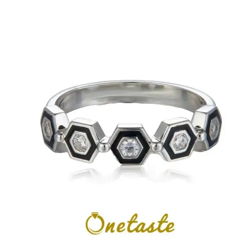 

Natural Stone Topaz 925 Sterling Silver Women Band Ring French Trendy Simple Pave Setting Black Epoxy Stacking Saddle Rings Gift