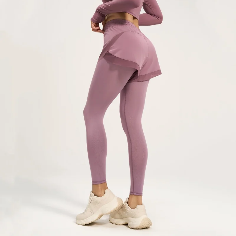 Fake Two-pieces Fitness Running Tight Pants for Women Elastic Nude Pocket Design Yoga Pants High Waist Hip Lifting Sportswear