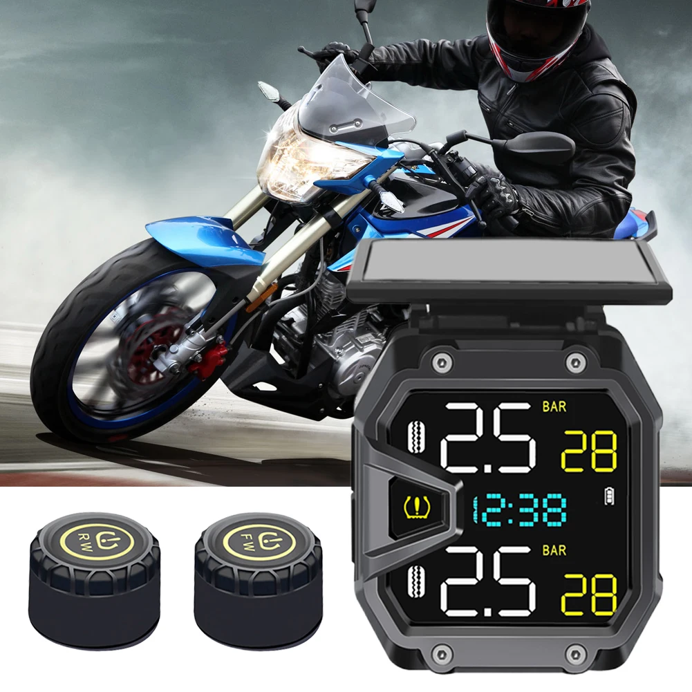 

Solar Power Tire Pressure Monitor Waterproof Wireless Motorcycle Tire Pressure Detector Smart Tyre Alarm Kit Universal for Motor