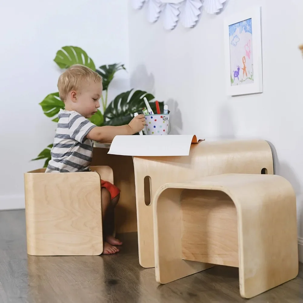 Multipurpose Table and Chair Set, Kids Furniture, Natural, 3-Piece