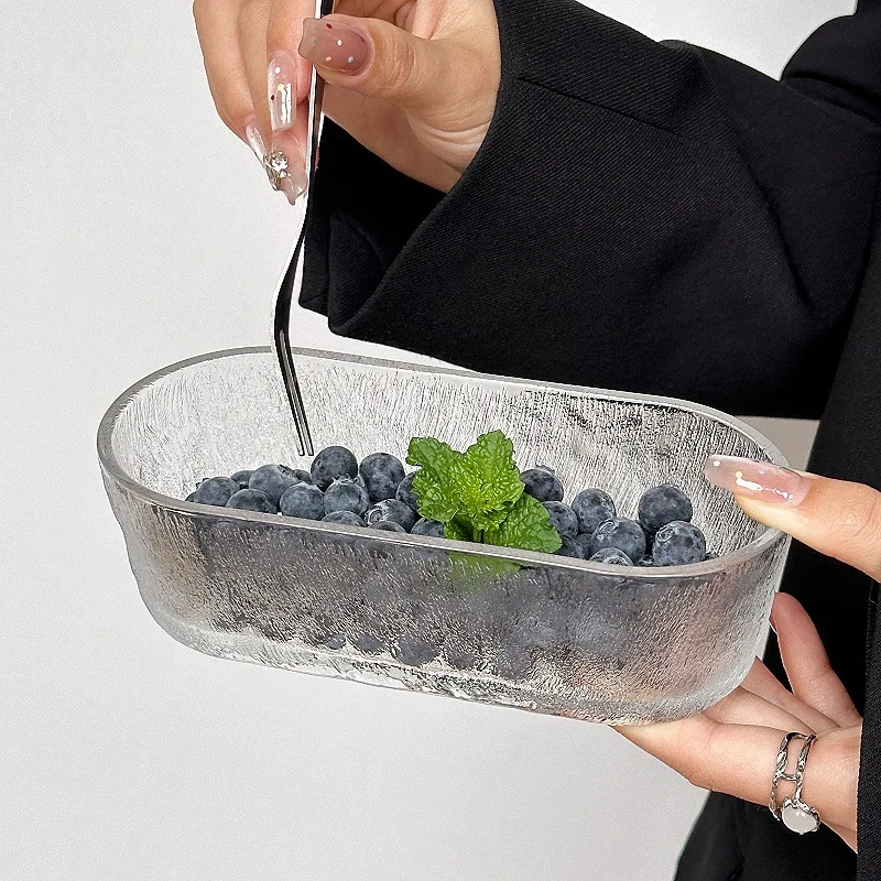 Glass Snack  Fruit Plate Ins Style Simple Oval Glass Bowl, Household Snack Plate, Creative Snack Salad Dessert Bowl
