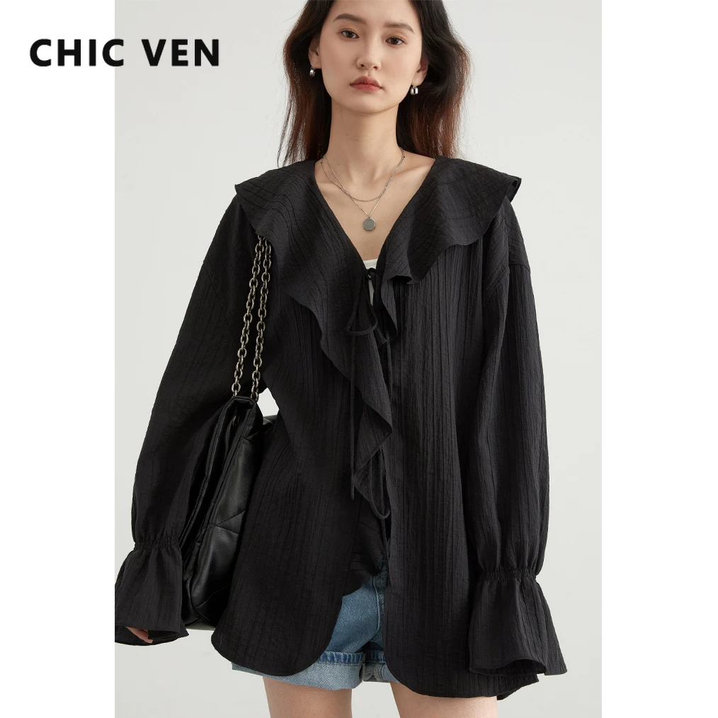 CHIC VEN Fashion Women Shirt Loose Casual Ruffled Edges Female Blouses V Neck Lace Up Woman Tops Spring Summer 2024