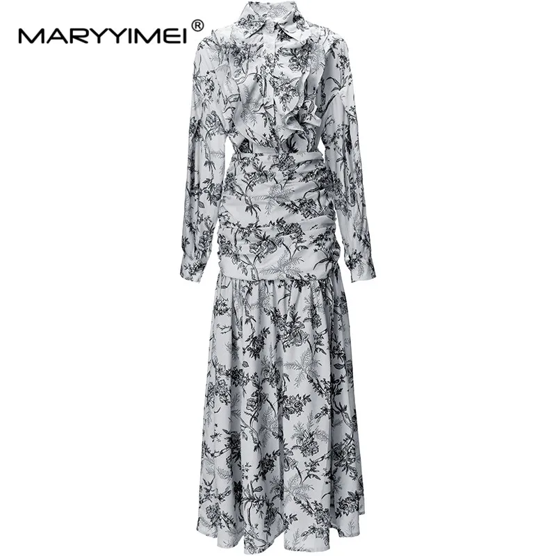 MARYYIMEI High Street Fashion Suit Designer Women\'s Lantern Sleeves Print Cardigan Ruffle Tops+High Split Long Skirt 2pcs Set