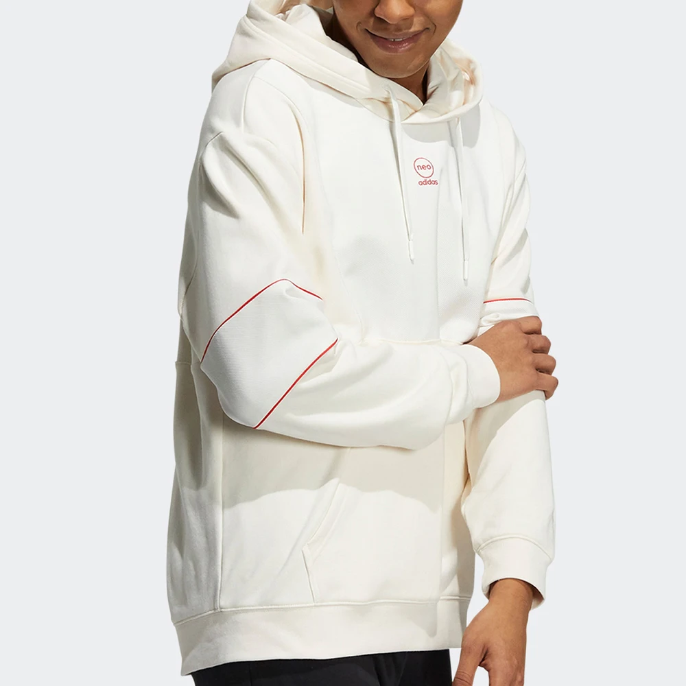 

Adidas NEO Line Stylish White Hooded Sweatshirt Repeated Logo Detail Cozy Fit For Campus And Leisure