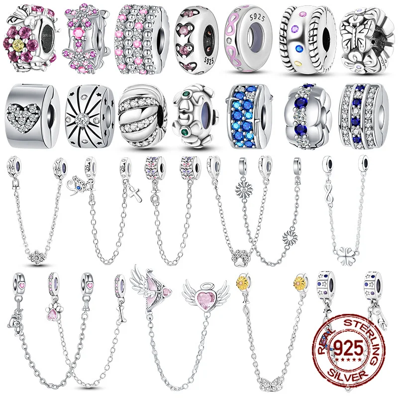 Spacer Clip Charms Safety Chain 925 Sterling Silver love Daisy Heart Charms Fit Original Pandora Bracelet Jewelry DIY Gift