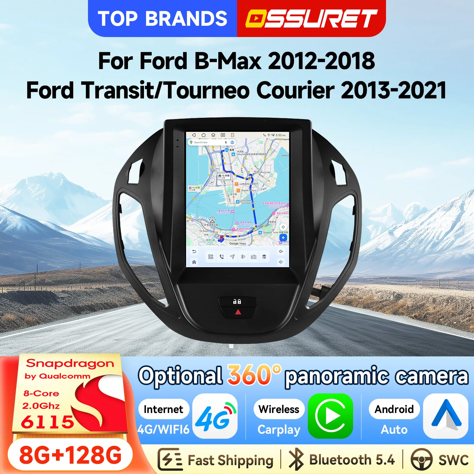 Autoradio OSSURET 9,7 pouces Android 15 pour Ford B-Max 2012-2018, pour Ford Transit/Tourneo Courier 2013-2021, autoradio 6115, navigation GPS, stéréo, SWC, Bluetooth, CarPlay, Android Auto, écran intelligent, WIFI, DSP, 360° en option °   Lecteur multimédia vidéo pour voiture avec caméra