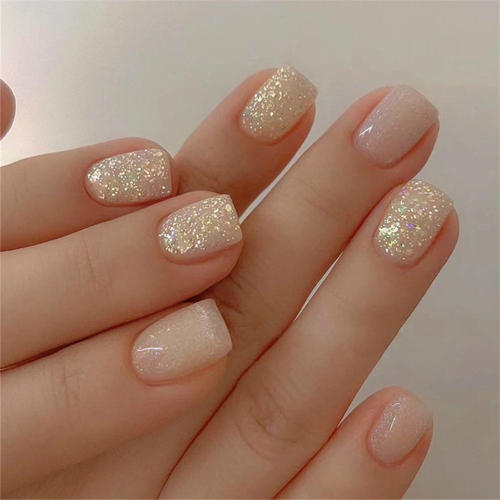 Faux ongles français doux rose nude avec design, manucure nacrée courte, paillettes à la mode, N64.Set