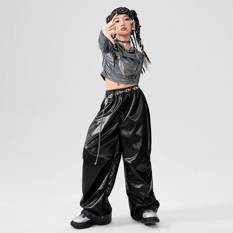 2024 Shine Sliver Crop Tops pantalones de cuero negro trajes para niñas trajes de baile de Jazz niños ropa de actuación de Hip Hop DQS18131