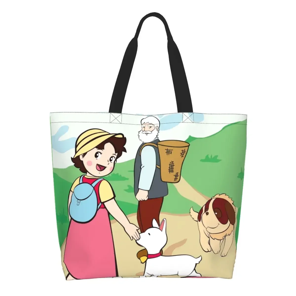 Heidi And Grandfather Grocery Shopping Bags Printed Canvas Shopper Shoulder Tote Bags Large Capacity Goat Alps Girl Handbag