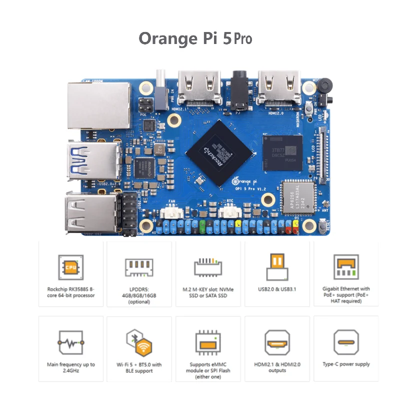 

OrangePi5 Pro chip RK3588S memory 4G/8G/16G optional clock speed up to 2.4GHz Orange Pie