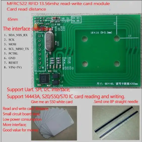 Mfrc522モジュールRFIDカードリーダーモジュールuart/spi/i2cインターフェース長距離65mm