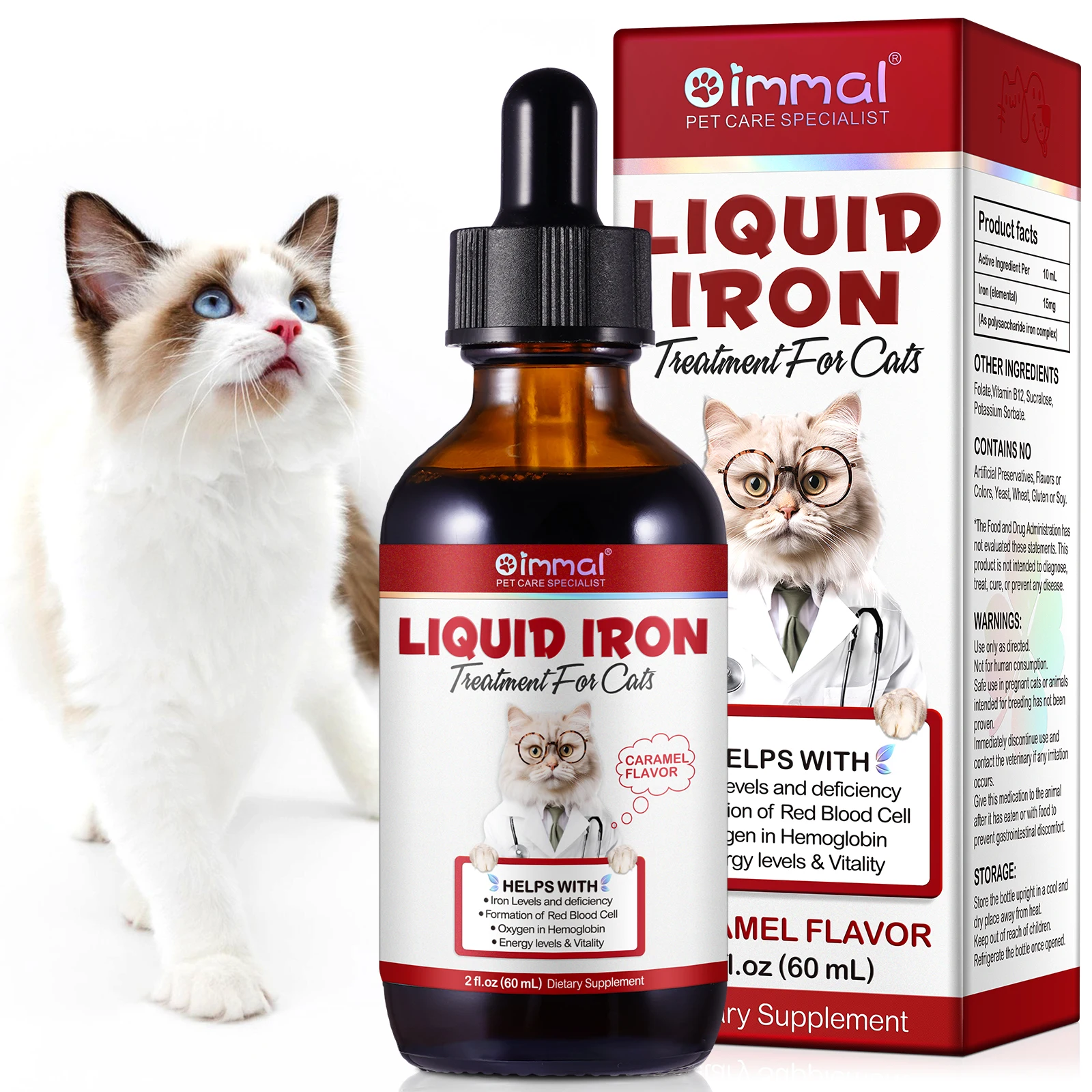 

Liquid Iron Caramel Flavor Treatment for Cats Helps with Iron Levels Deficiency Formation of Red Blood Cell Oxygen in Hemoglobin