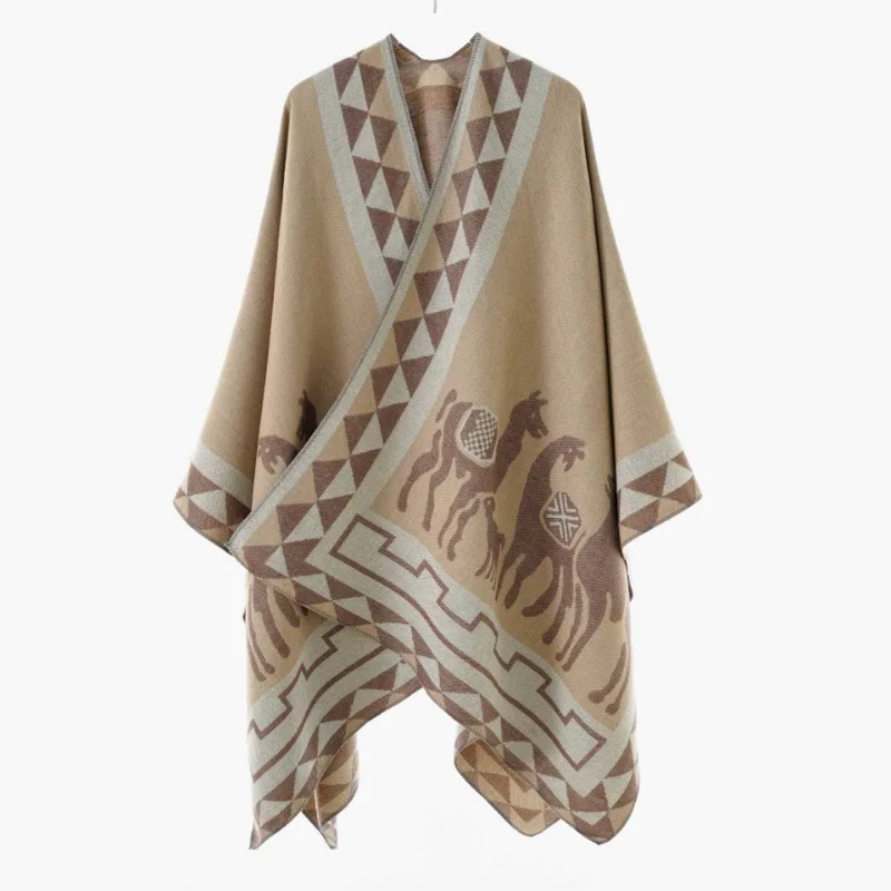 Women Retro Ethnic Alpaca Geometric Print Open Front Shawl Poncho Casual Outerwear