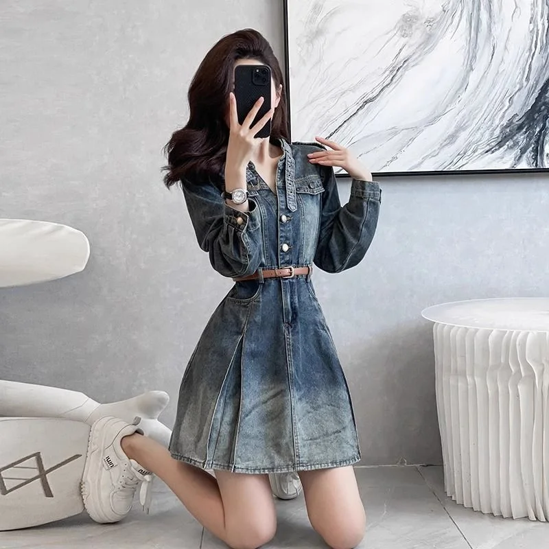 Frauen Hemd kragen Denim Kleider Frühling Herbst 2026 Neue Koreanische Dünne Lange Hülse Weibliche Vintage Blau Cowboy Kleid Vestidos