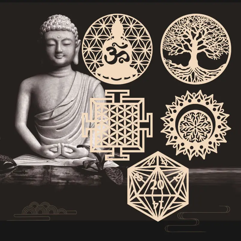 10pcs/lot Buddha Lotus Wood Art Sacred Geometry Home Decor Laser Cut Wooden for Wall Hanging Decor Art Decoration