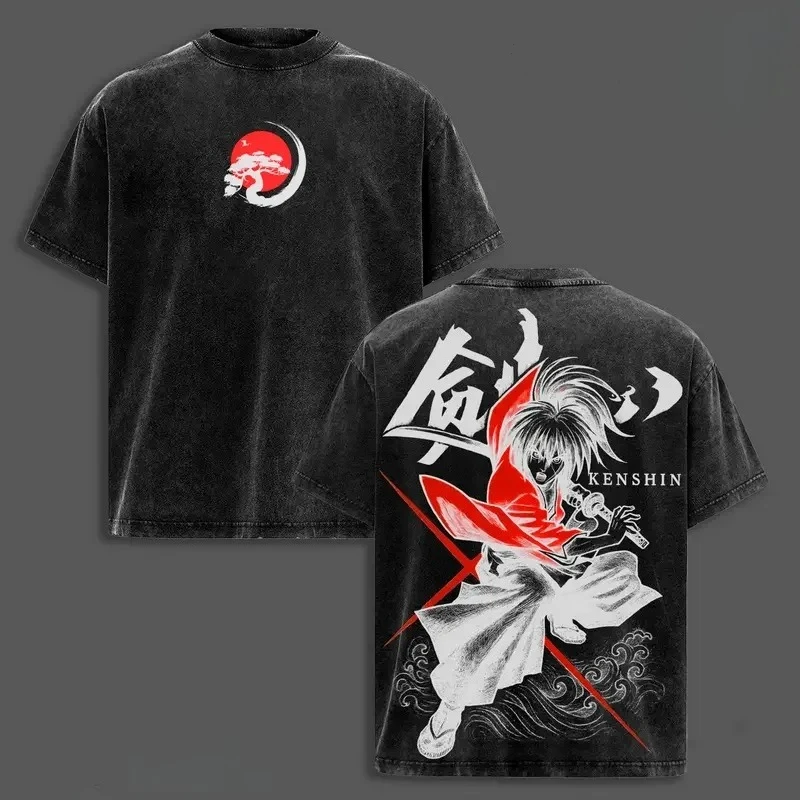 Camiseta Rurouni Kenshin con efecto lavado, ropa con personalidad, para todo el año, oversize, unisex, producto de alta calidad, camiseta cómoda