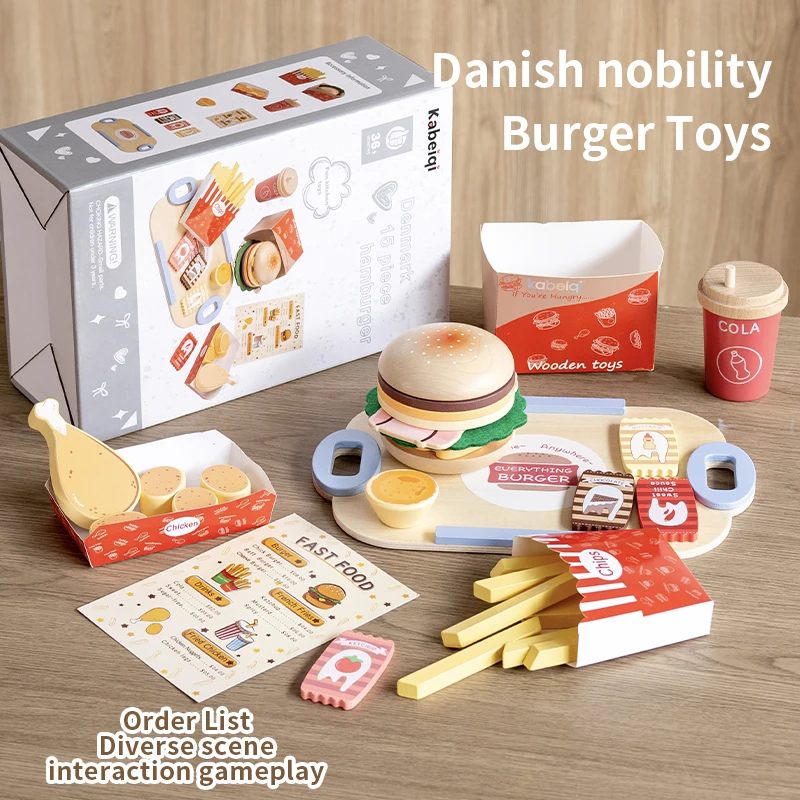 Wooden Children Kitchen Toys Puzzle Simulation Burger Restaurant Food Doll House Accessories Girl Toys
