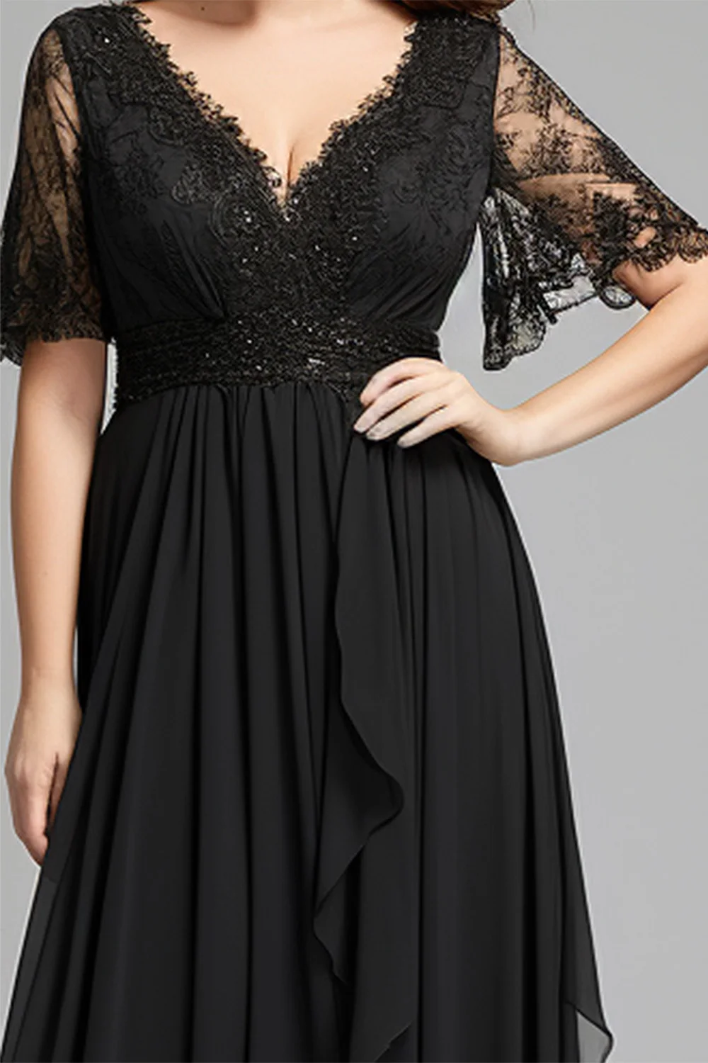 Flycurvy Plus Size Mother Of The Bride Black Chiffon V Neck Flutter Sleeve Lace Maxi Dress