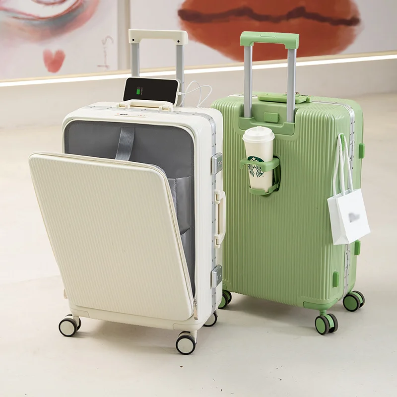 New Carry-on Suitcase 20''24''26'' Front Opening Suitcases On Wheels Travel Trolley Case Rolling Luggage Aluminum Frame Luggage