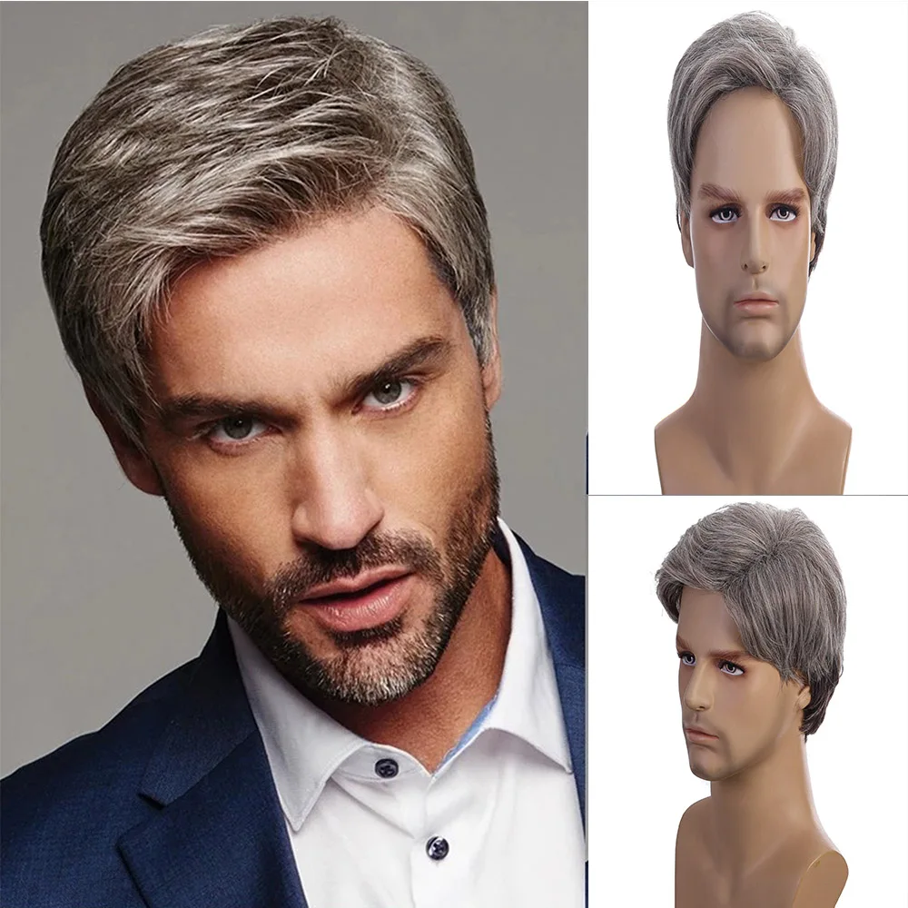 

Short Synthetic Hair Wigs Silver Grey Middle-aged Men Wig Natural Fake False Hair High Temperature Heat-resistant Fiber